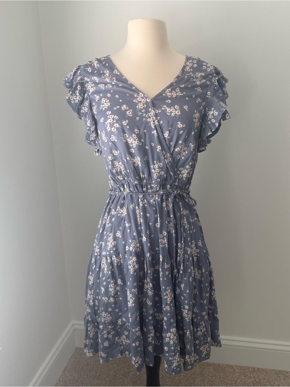 Japna Dusty Blue Floral Wrap-Style Mini Dress